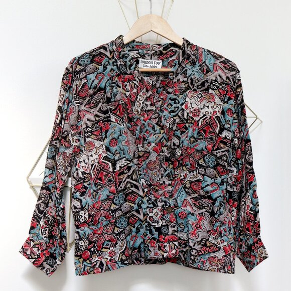 80s Black, Turquoise, Red & Beige Aztec Print Dust Jacket, Button Up Wrap Style - Picture 6 of 9